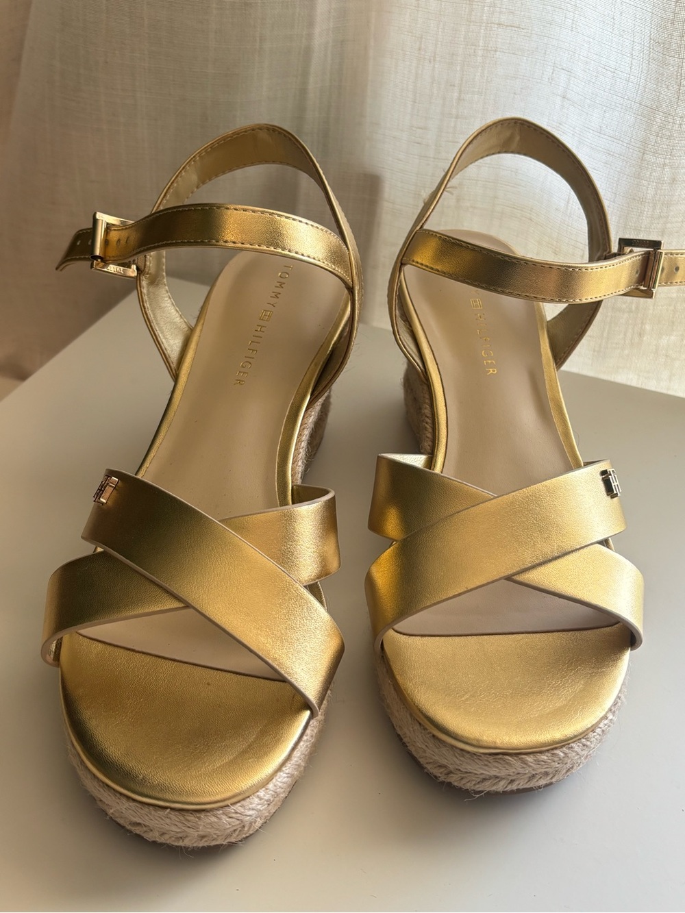 Tommy Hilfiger Gold Crisscross Espadrille Wedge Sandals